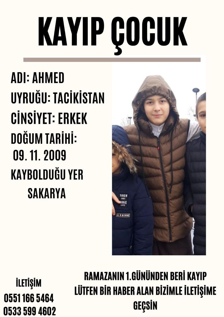Tacikistan Uyruklu 2009 Doğumlu Ahmad ALİZODA Sakarya'da Kayboldu 0(551)1665464 