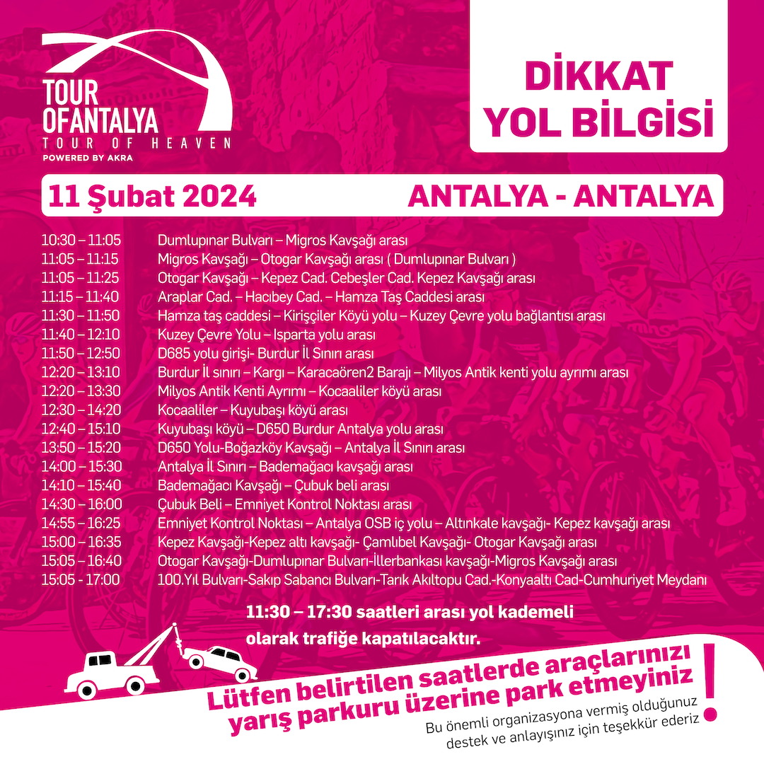 TOUR OF ANTALYA, ANTALYA – ANTALYA  ETABI KAPSAMINDA TRAFİĞE KAPANACAK YOLLAR  11 Şubat 2024 Pazar